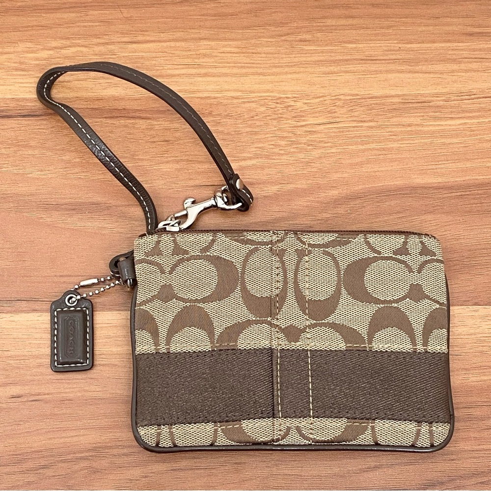 COACH Signature Stripe Brown Wristlet Wallet